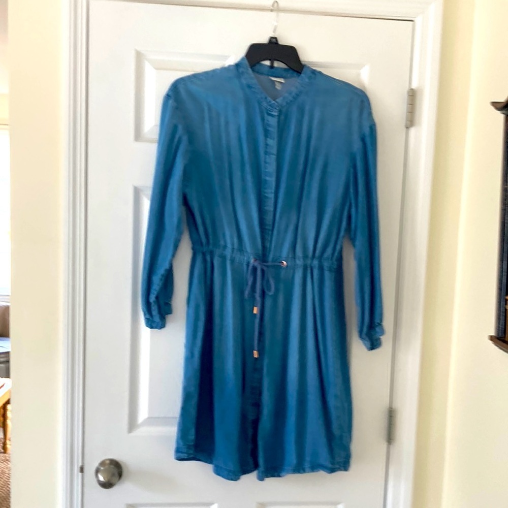 This is a button front chambray blue dress